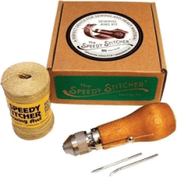 Speedy Stitcher sewing awl kit with wooden handle, needles and heavy-duty thread in box